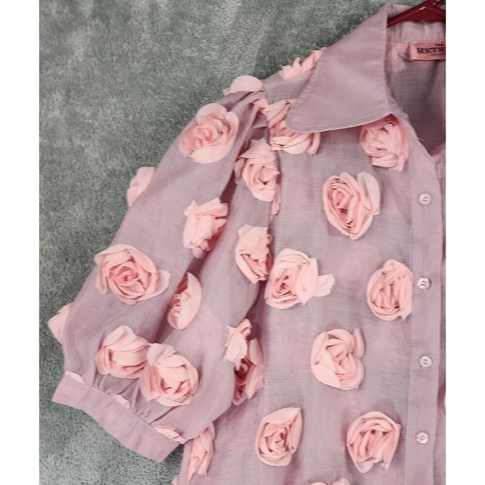The Retreat Collection Shirt Womens Large Pink Floral Button Up Short Sleeve - Picture 9 of 9